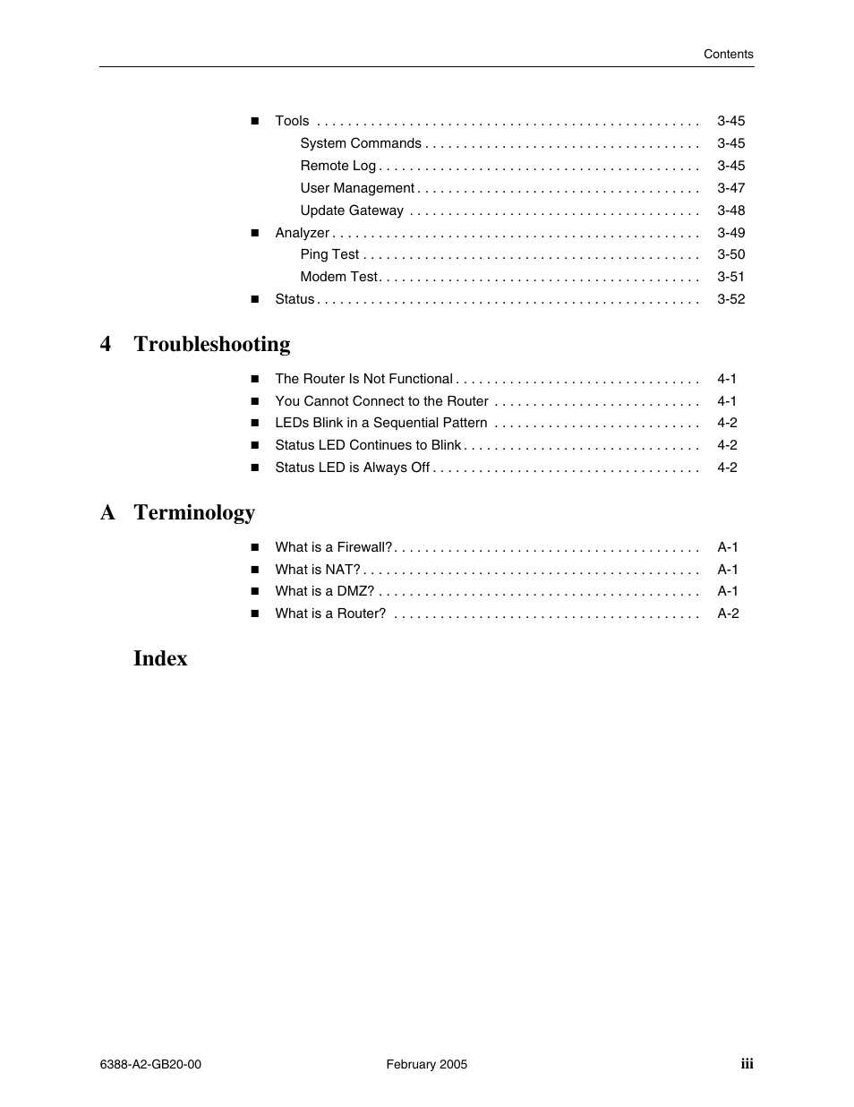 4troubleshooting, A terminology, Index | Paradyne 6388 User Manual | Page 9 / 86