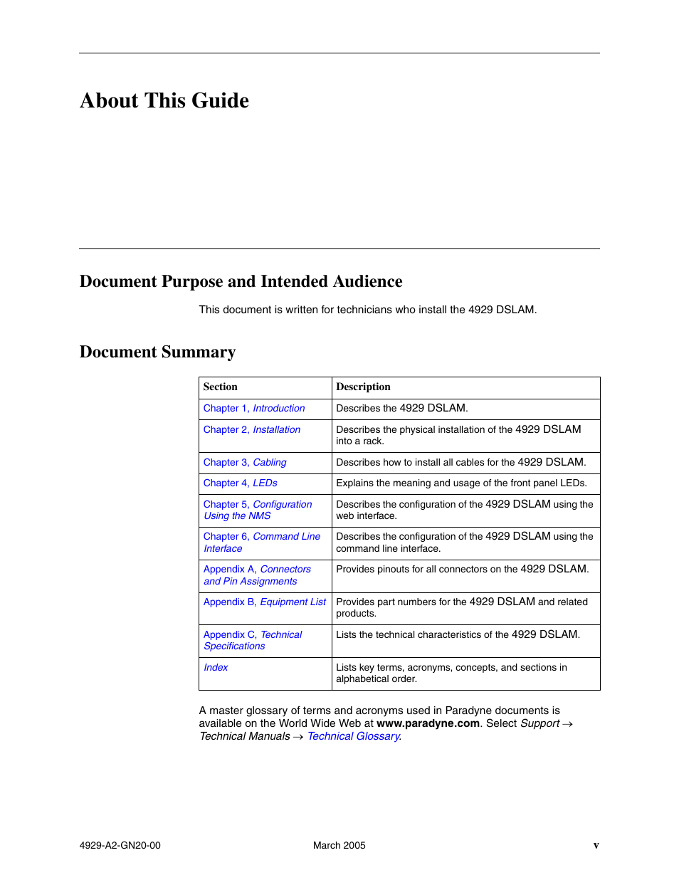 About this guide, Document purpose and intended audience, Document summary | Paradyne 4929 DSLAM User Manual | Page 11 / 94