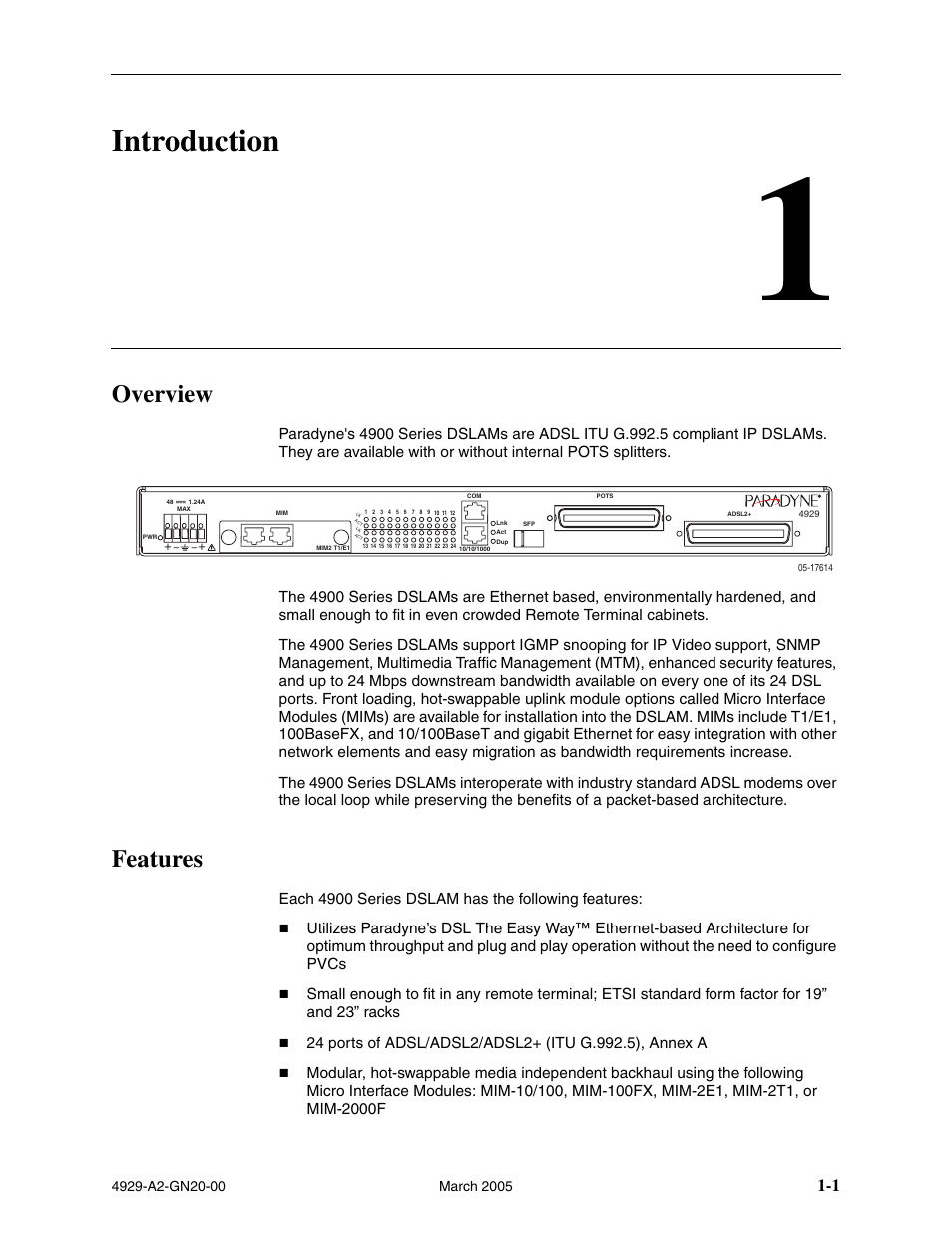 Introduction, Overview, Features | Chapter 1, introduction | Paradyne 4929 DSLAM User Manual | Page 13 / 94