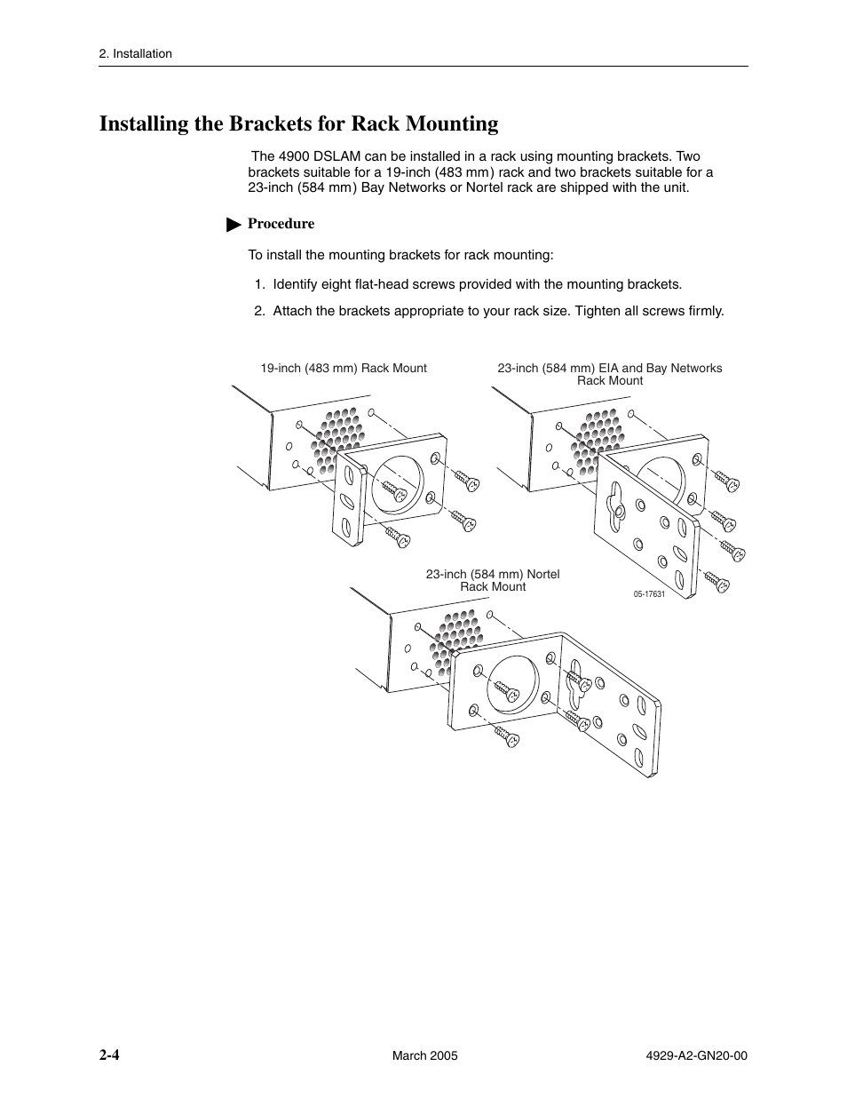 Installing the brackets for rack mounting | Paradyne 4929 DSLAM User Manual | Page 18 / 94