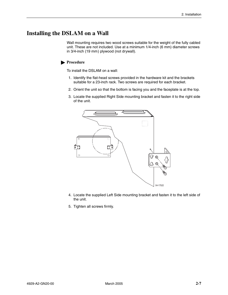 Installing the dslam on a wall | Paradyne 4929 DSLAM User Manual | Page 21 / 94