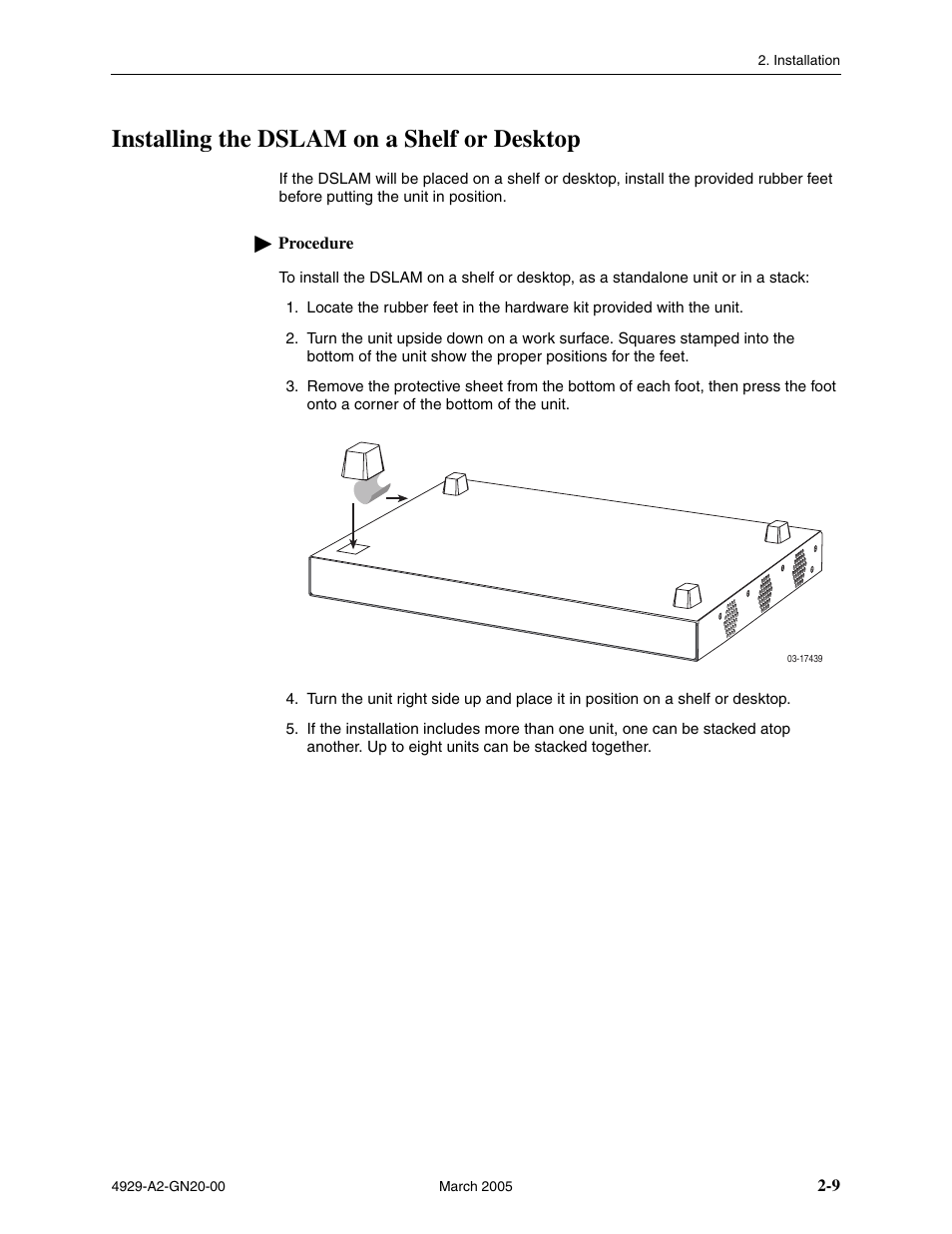 Installing the dslam on a shelf or desktop | Paradyne 4929 DSLAM User Manual | Page 23 / 94