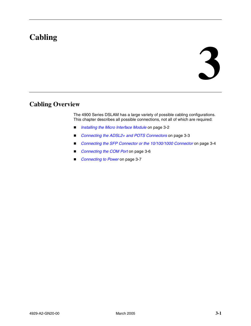 Cabling, Cabling overview, Chapter 3, cabling | Paradyne 4929 DSLAM User Manual | Page 25 / 94