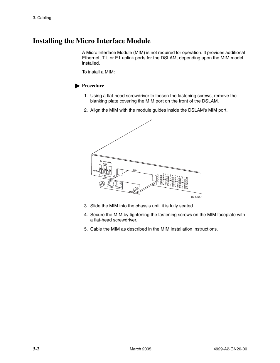 Installing the micro interface module, Procedure | Paradyne 4929 DSLAM User Manual | Page 26 / 94