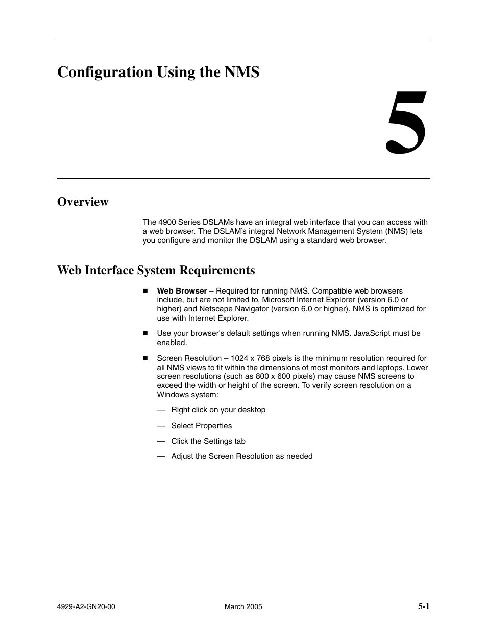 Configuration using the nms, Overview, Web interface system requirements | Chapter 5, configuration using the nms | Paradyne 4929 DSLAM User Manual | Page 35 / 94