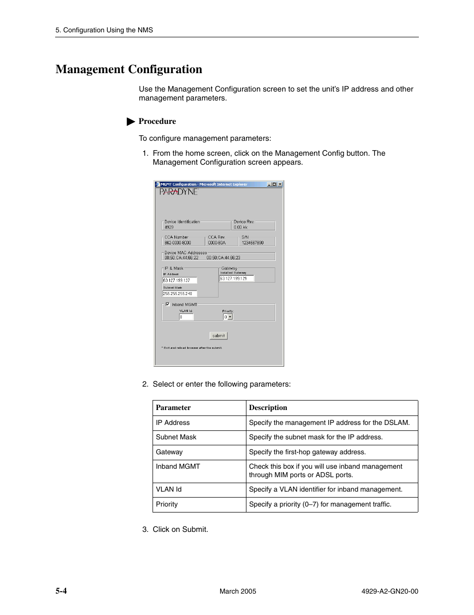 Management configuration | Paradyne 4929 DSLAM User Manual | Page 38 / 94