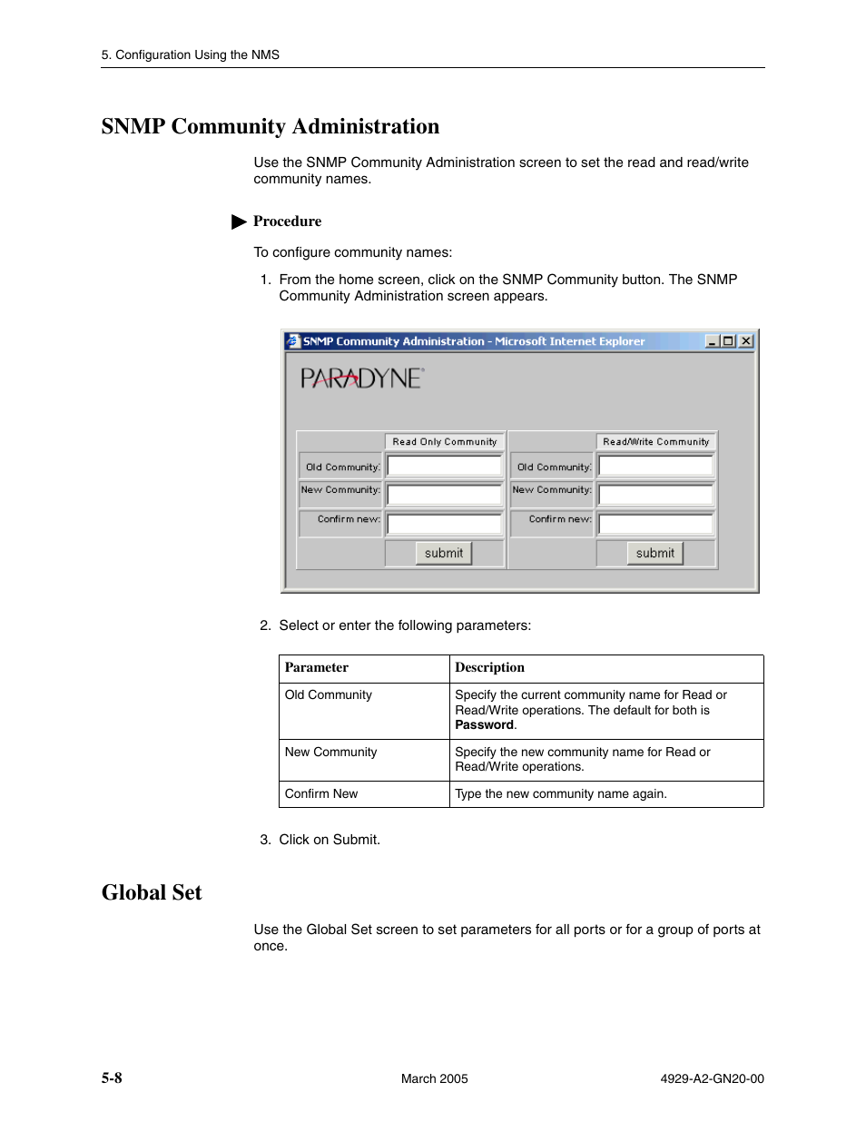 Snmp community administration, Global set | Paradyne 4929 DSLAM User Manual | Page 42 / 94