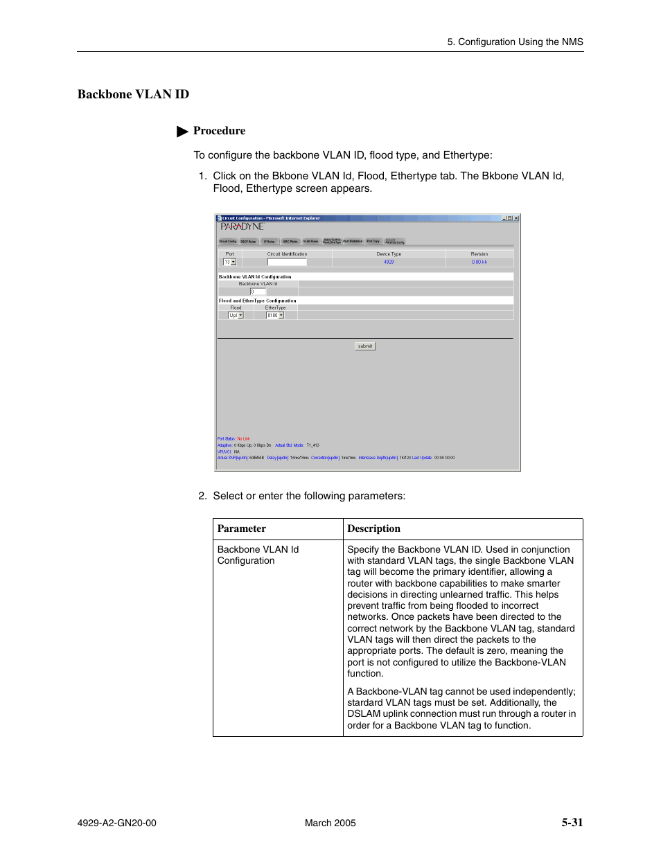 Backbone vlan id | Paradyne 4929 DSLAM User Manual | Page 65 / 94