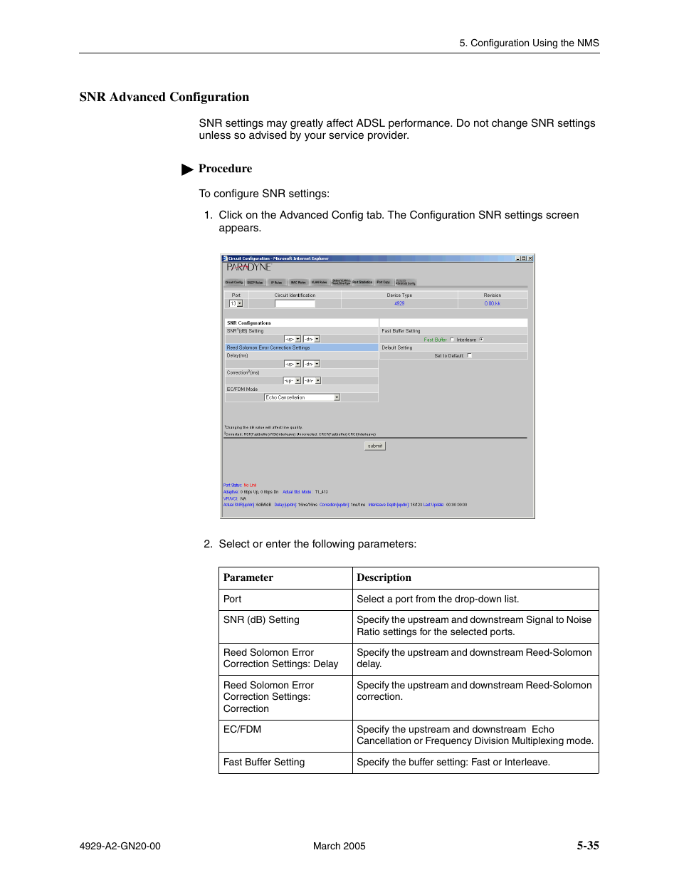 Snr advanced configuration | Paradyne 4929 DSLAM User Manual | Page 69 / 94