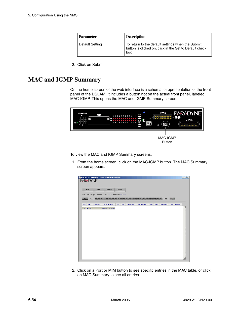 Mac and igmp summary | Paradyne 4929 DSLAM User Manual | Page 70 / 94