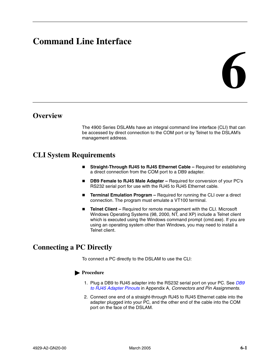 Command line interface, Overview, Cli system requirements | Connecting a pc directly, Chapter 6, command line interface | Paradyne 4929 DSLAM User Manual | Page 75 / 94