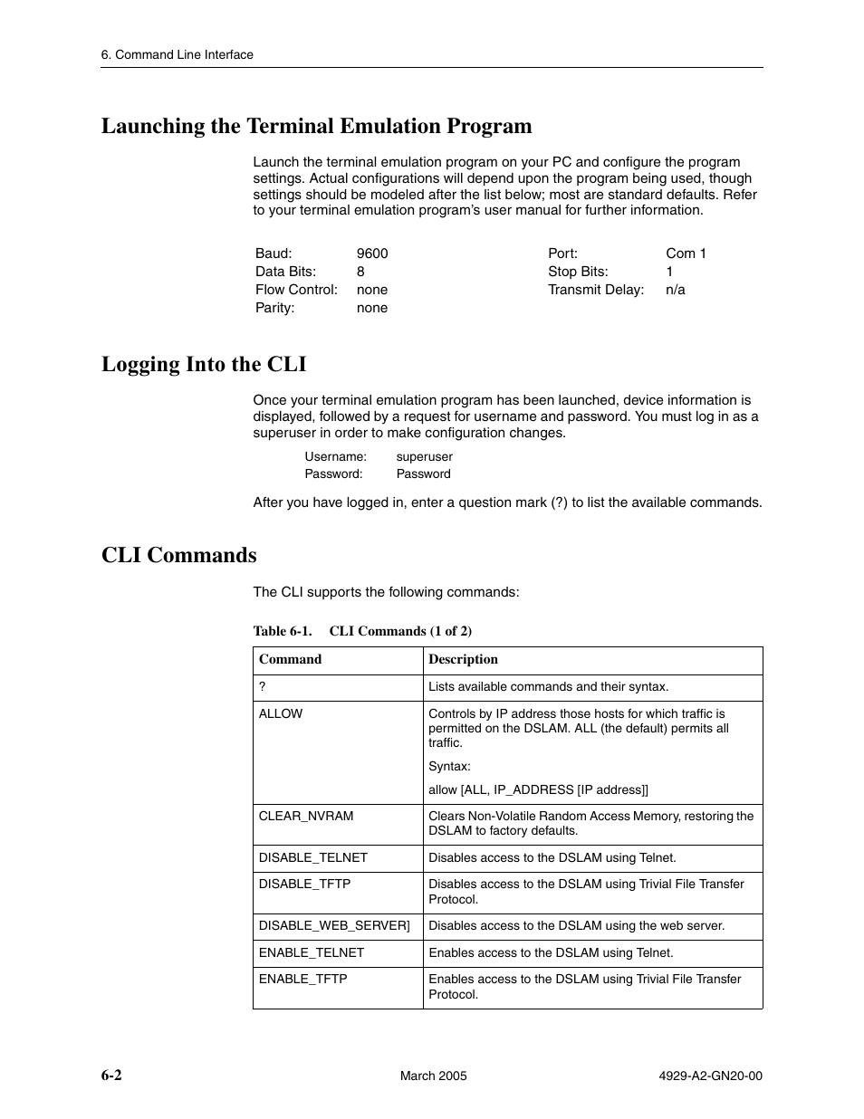 Launching the terminal emulation program, Logging into the cli, Cli commands | Paradyne 4929 DSLAM User Manual | Page 76 / 94