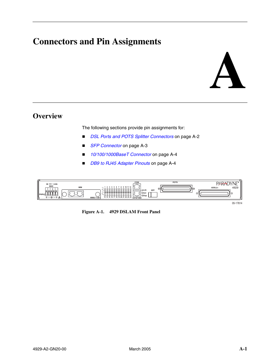 Connectors and pin assignments, Overview, A connectors and pin assignments | Appendix a, connectors and pin assignments, Appendix a | Paradyne 4929 DSLAM User Manual | Page 83 / 94