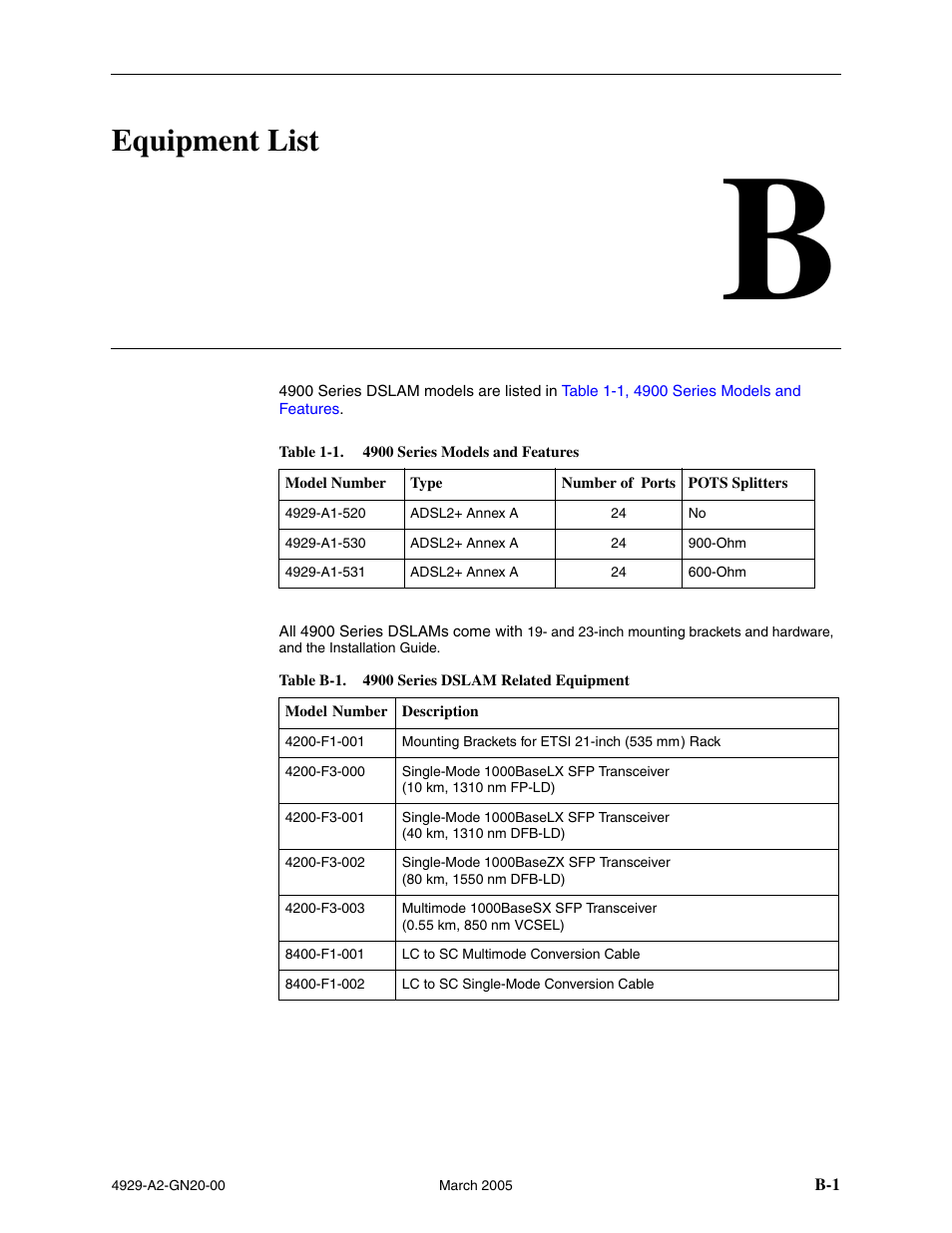 Equipment list, B equipment list, Appendix b, equipment list | Paradyne 4929 DSLAM User Manual | Page 87 / 94