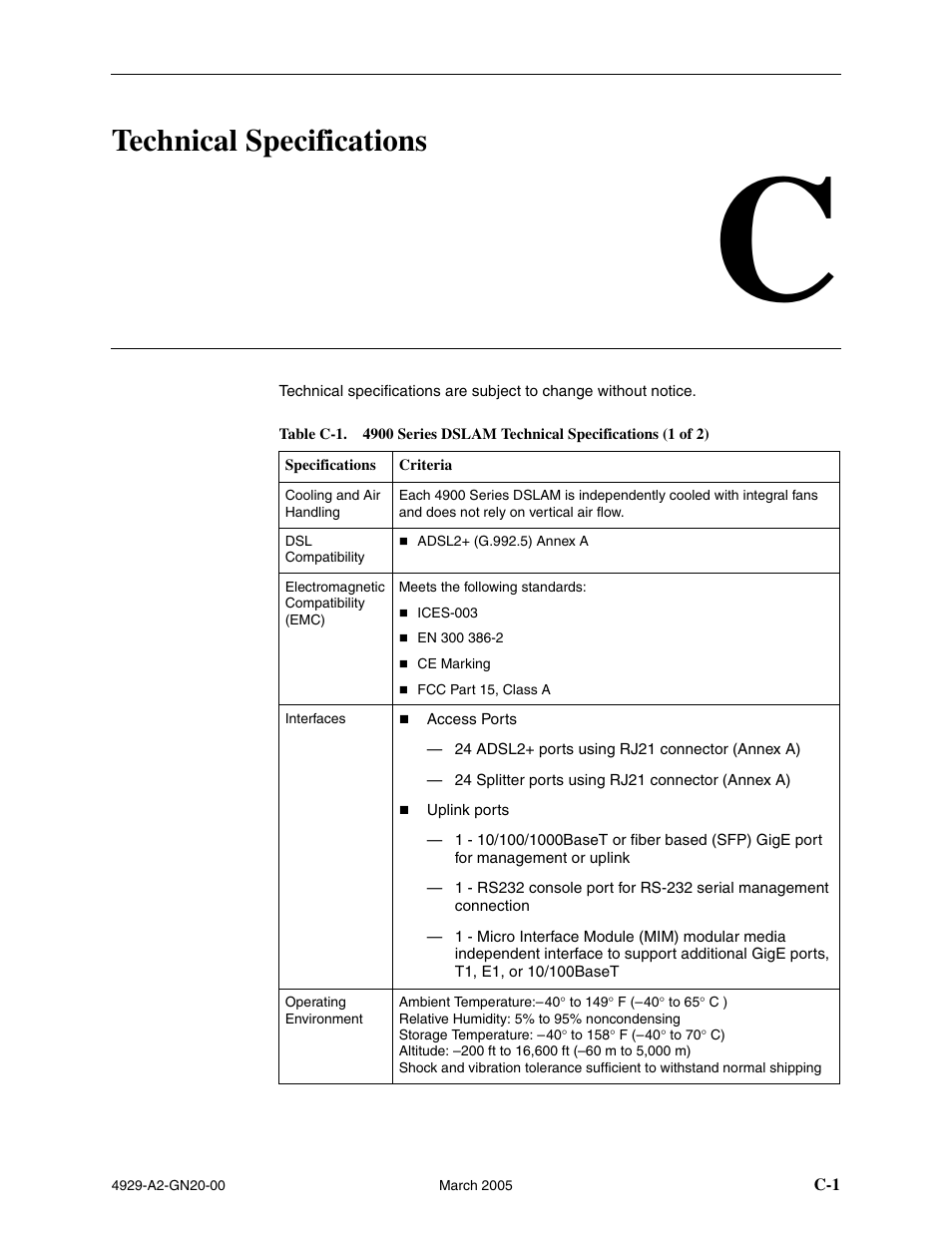 Technical specifications, C technical specifications, Appendix c, technical specifications | Paradyne 4929 DSLAM User Manual | Page 89 / 94