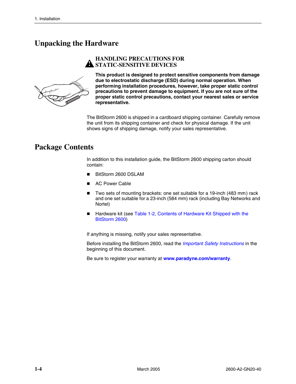 Unpacking the hardware, Package contents, Unpacking the hardware -4 | Package contents -4 | Paradyne IP DSLAM BitStorm 2600 User Manual | Page 14 / 58