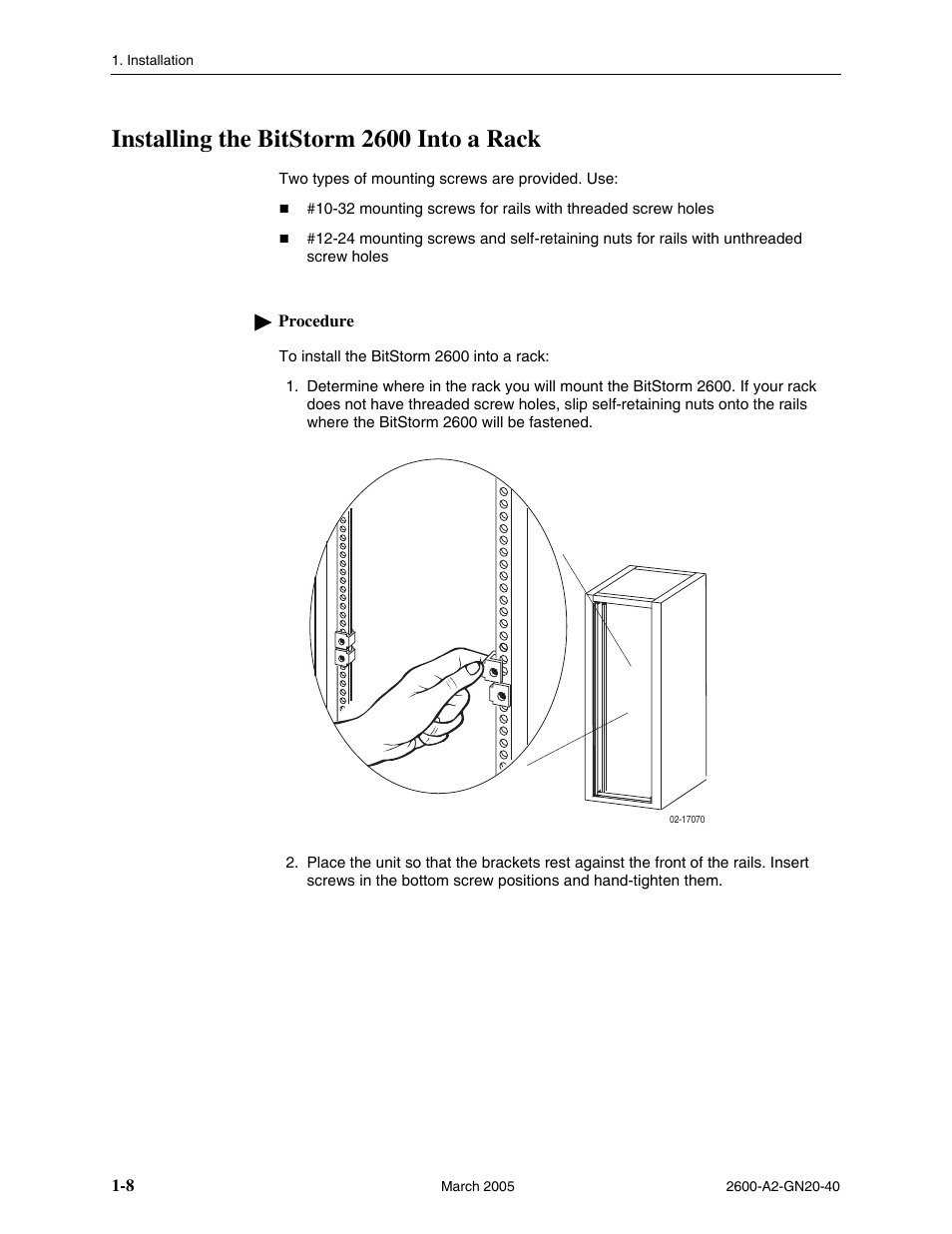 Installing the bitstorm 2600 into a rack, Installing the bitstorm 2600 into a rack -8 | Paradyne IP DSLAM BitStorm 2600 User Manual | Page 18 / 58