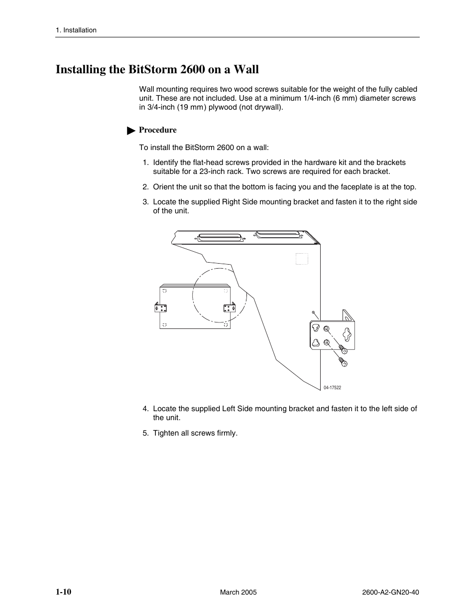 Installing the bitstorm 2600 on a wall, Installing the bitstorm 2600 on a wall -10 | Paradyne IP DSLAM BitStorm 2600 User Manual | Page 20 / 58