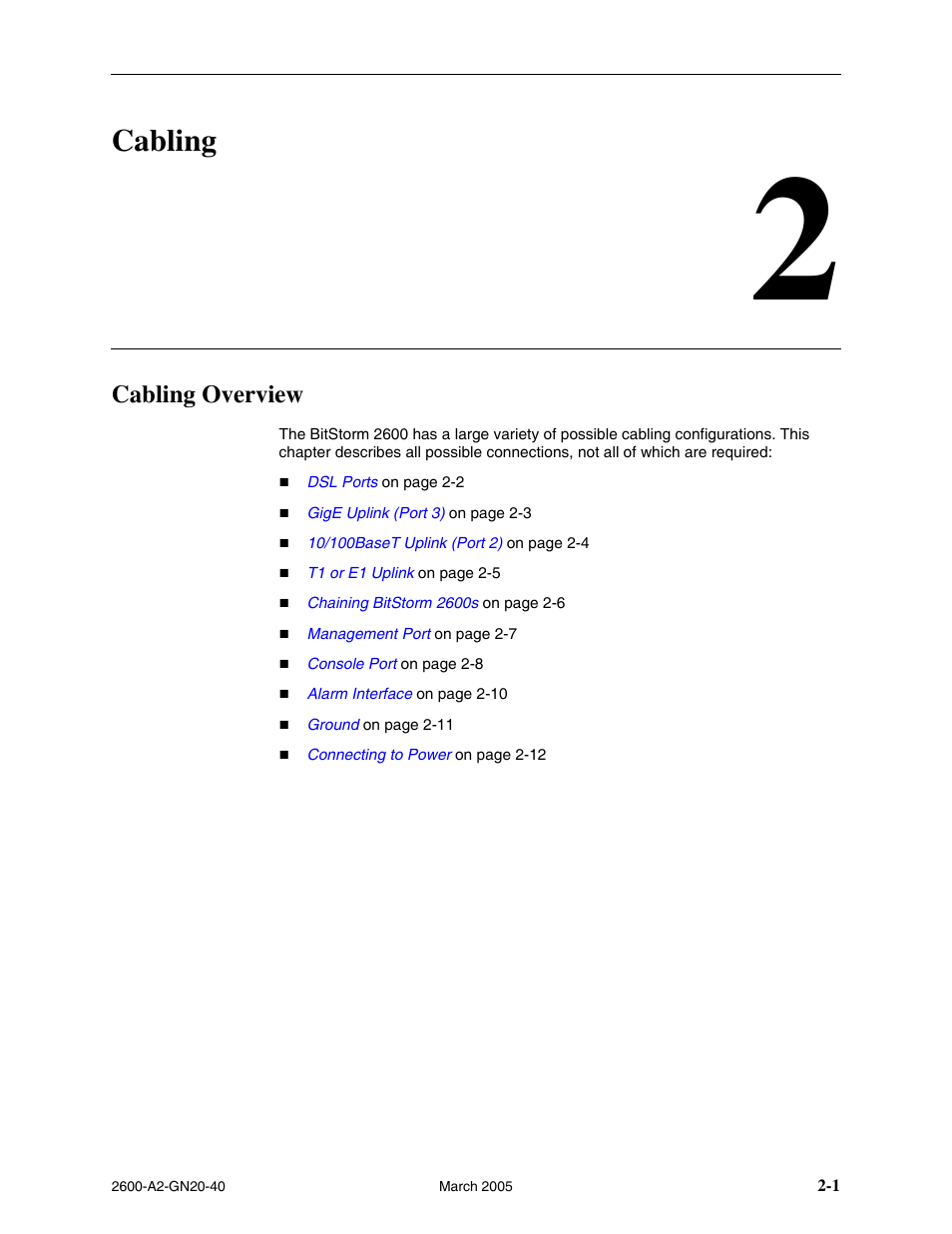 Cabling, Cabling overview, 2 cabling | Cabling overview -1, Chapter 2, cabling | Paradyne IP DSLAM BitStorm 2600 User Manual | Page 23 / 58