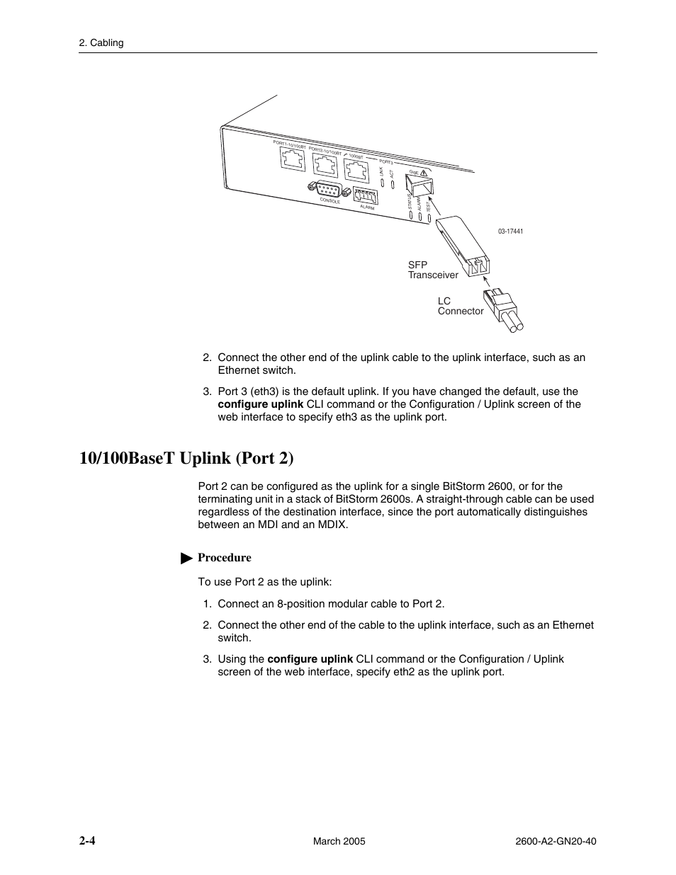 10/100baset uplink (port 2), 10/100baset uplink (port 2) -4, Procedure | Paradyne IP DSLAM BitStorm 2600 User Manual | Page 26 / 58