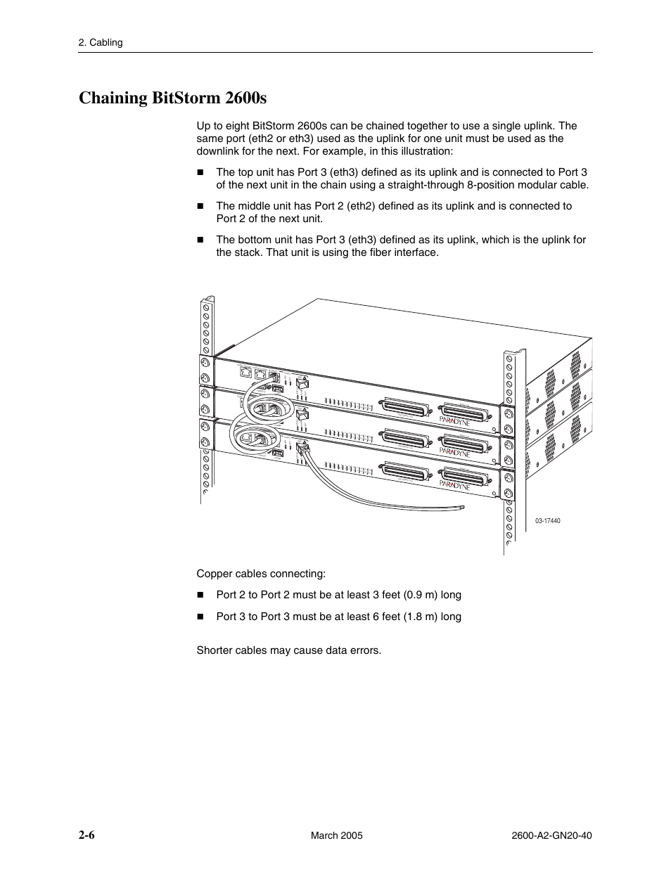 Chaining bitstorm 2600s, Chaining bitstorm 2600s -6, Cabling | Paradyne IP DSLAM BitStorm 2600 User Manual | Page 28 / 58