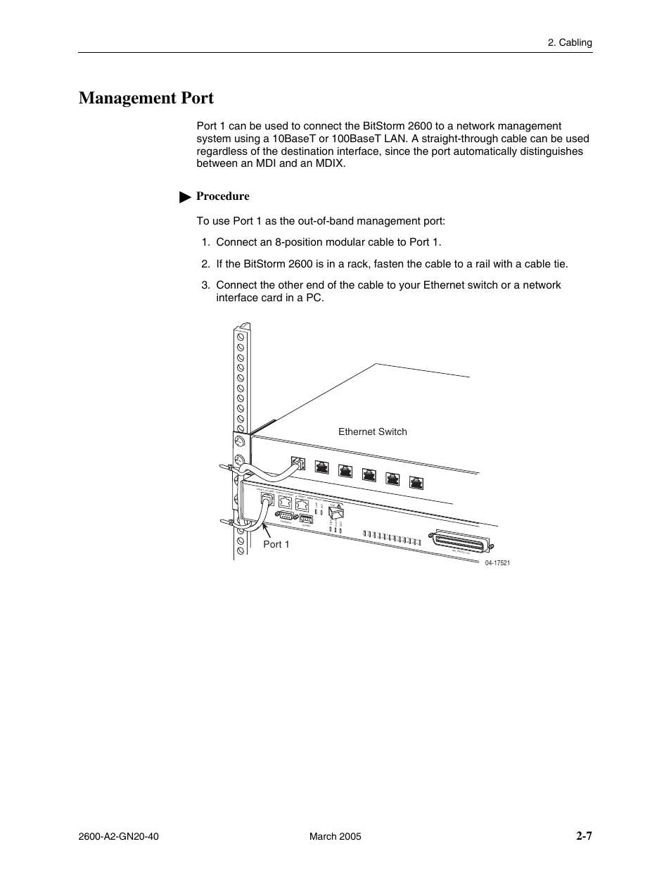 Management port, Management port -7, Procedure | Ethernet switch port 1 | Paradyne IP DSLAM BitStorm 2600 User Manual | Page 29 / 58