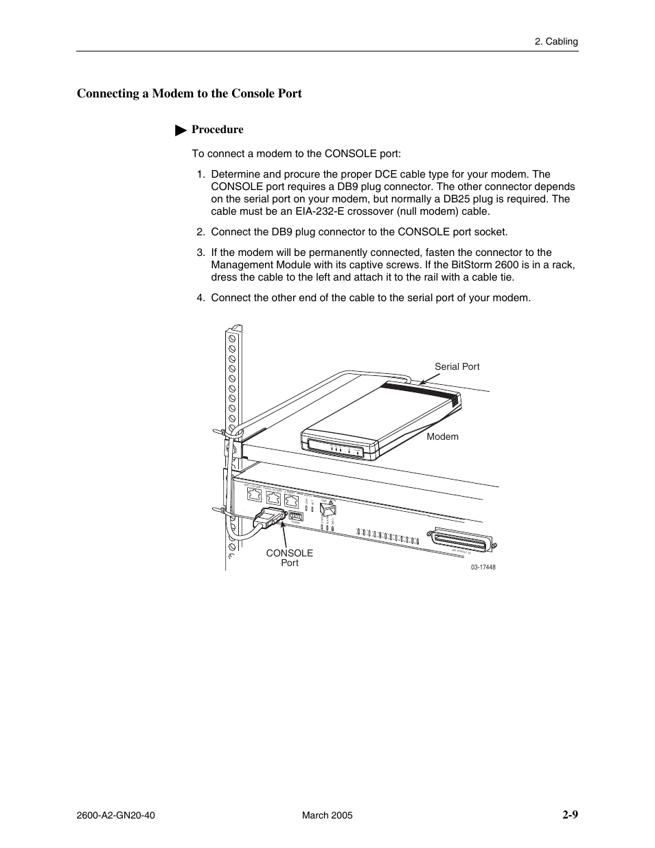 Connecting a modem to the console port, Connecting a modem to the console port -9, Procedure | Tst line alm pwr ethernet, Serial port modem console port | Paradyne IP DSLAM BitStorm 2600 User Manual | Page 31 / 58