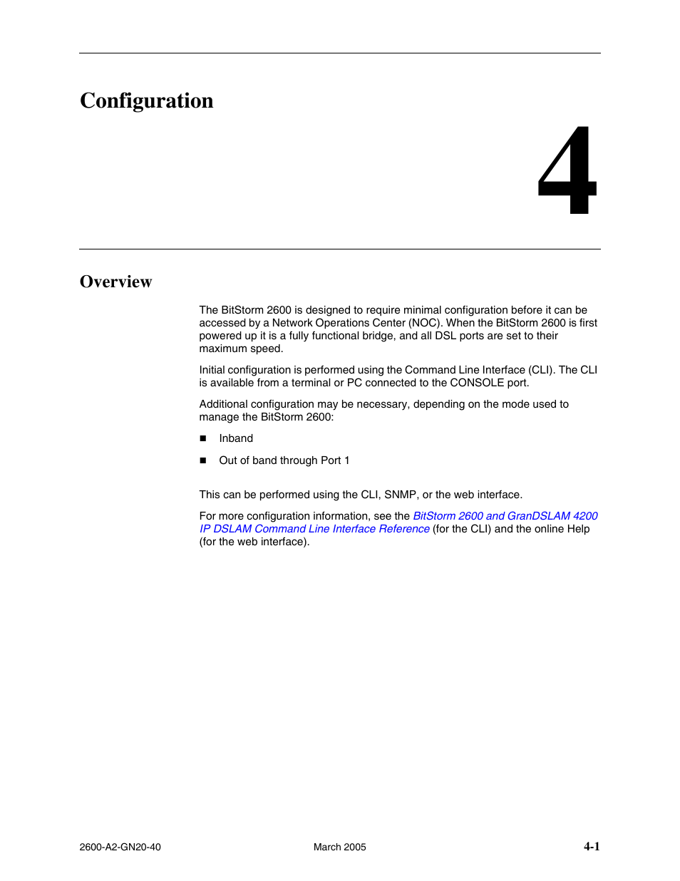 Configuration, Overview, 4 configuration | Overview -1, Chapter 4, configuration | Paradyne IP DSLAM BitStorm 2600 User Manual | Page 37 / 58