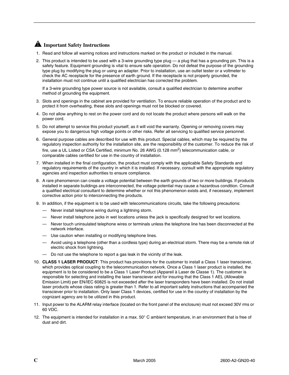 Important safety instructions | Paradyne IP DSLAM BitStorm 2600 User Manual | Page 4 / 58