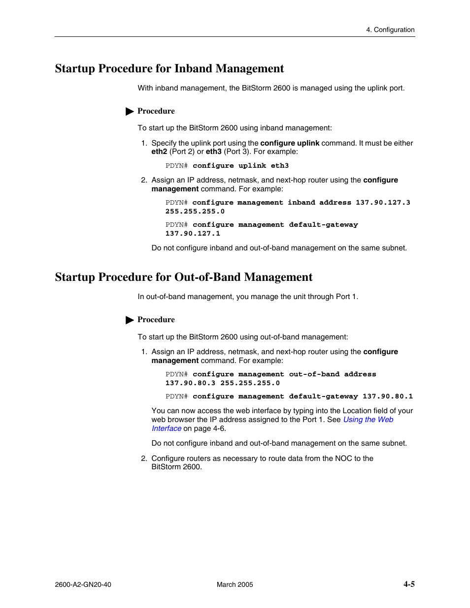 Startup procedure for inband management, Startup procedure for out-of-band management, Startup procedure for inband management -5 | Startup procedure for out-of-band management -5 | Paradyne IP DSLAM BitStorm 2600 User Manual | Page 41 / 58