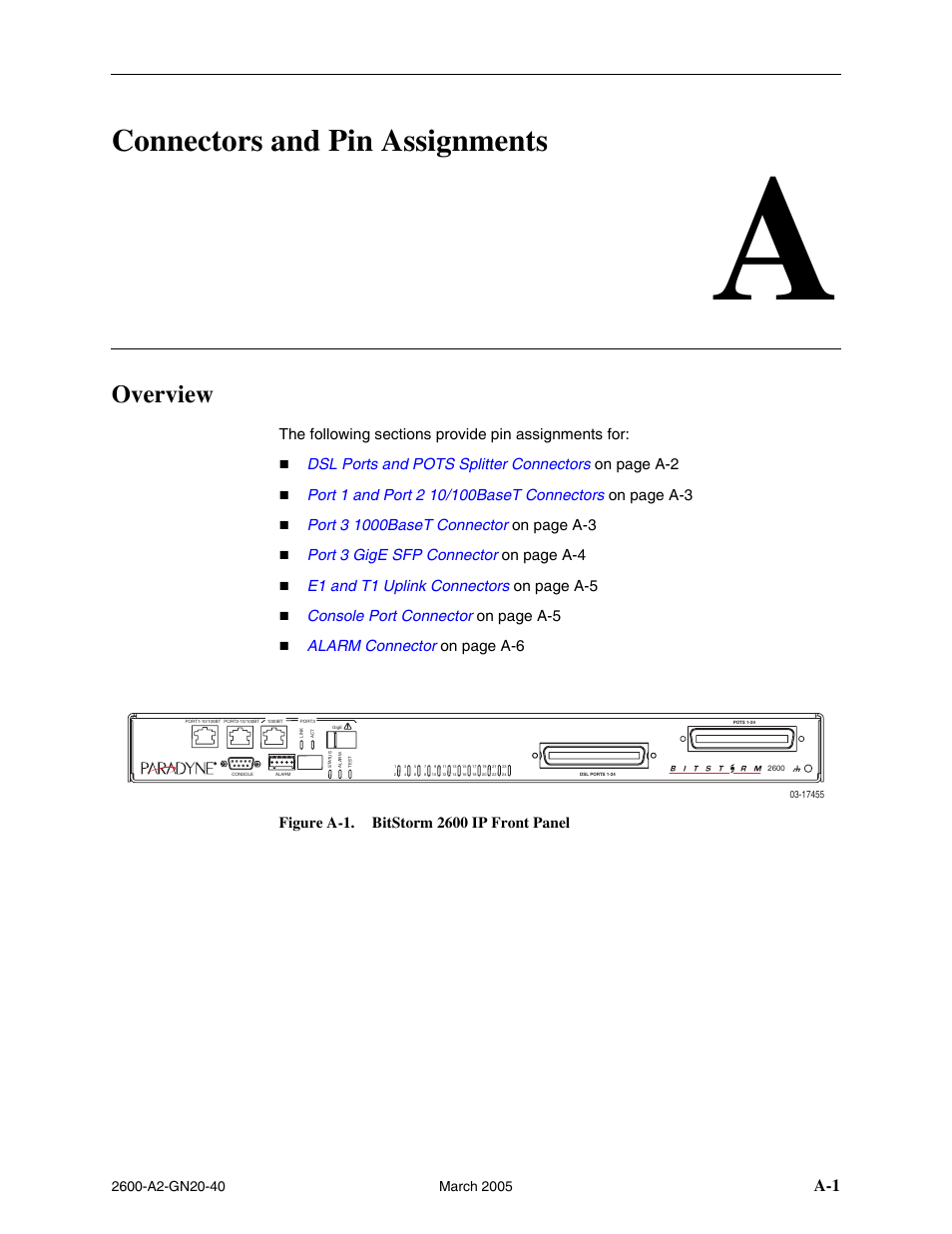 Connectors and pin assignments, Overview, A connectors and pin assignments | Appendix a, connectors and pin assignments, Dsl ports and pots splitter connectors on page a-2, Port 3 gige sfp connector on page a-4, E1 and t1 uplink connectors on page a-5, Console port connector on page a-5 | Paradyne IP DSLAM BitStorm 2600 User Manual | Page 45 / 58