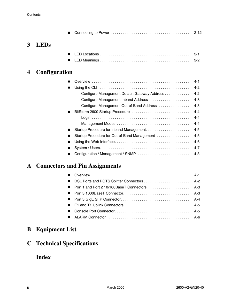 3 leds, 4 configuration, A connectors and pin assignments | B equipment list c technical specifications index | Paradyne IP DSLAM BitStorm 2600 User Manual | Page 8 / 58