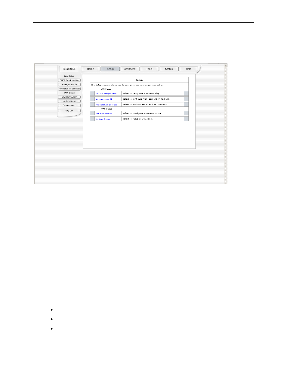 Setup, Wide area network connection, Local area network connection | Configuring the wan, 3 setup 4.4 | Paradyne 6212-A2 User Manual | Page 21 / 45