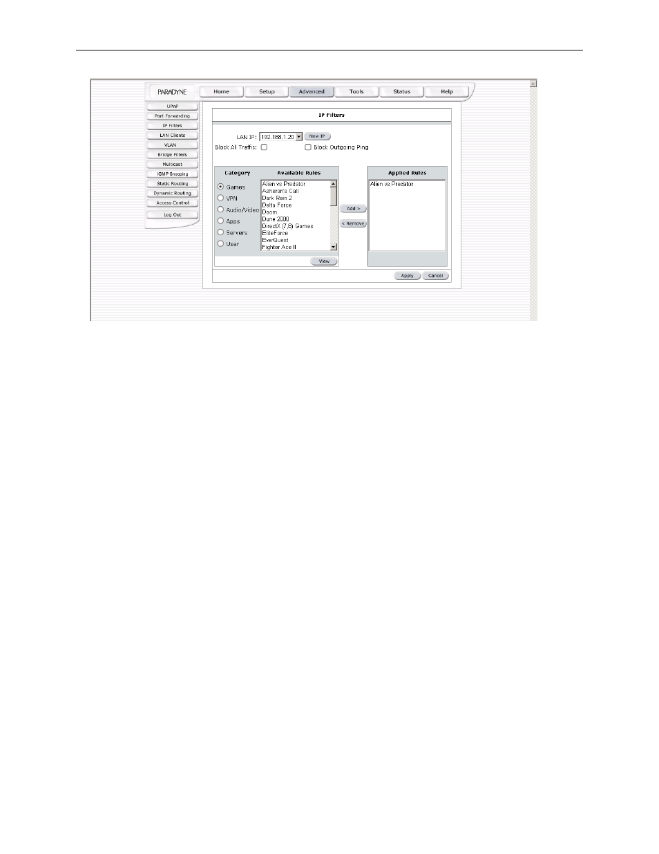 Ip filter, Access control, Lan clients | Bridge filters | Paradyne 6212-A2 User Manual | Page 34 / 45