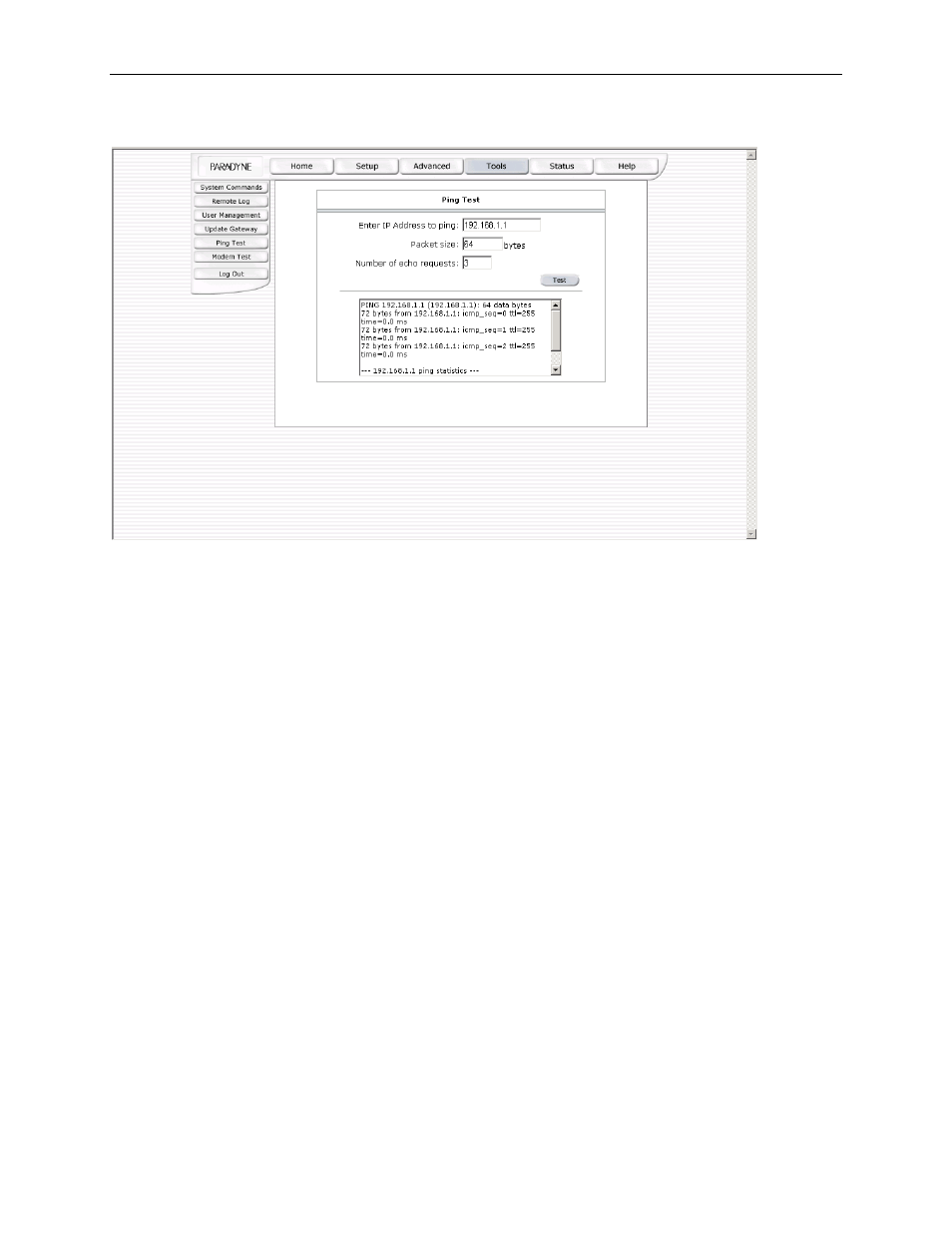 Modem test, Status, Network statistics | Connection status, Dhcp clients, 8 status | Paradyne 6212-A2 User Manual | Page 41 / 45