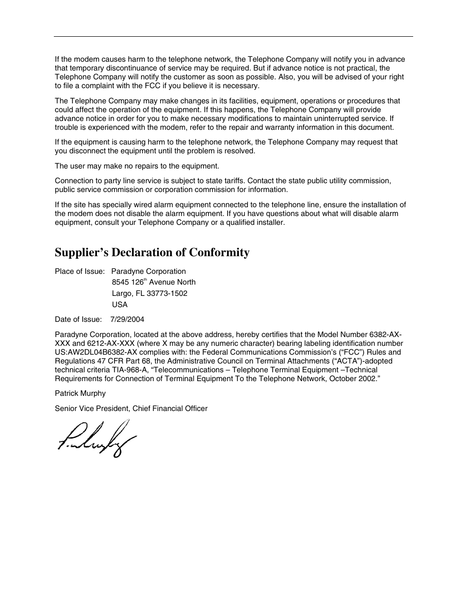 Supplier’s declaration of conformity | Paradyne 6212-A2 User Manual | Page 5 / 45