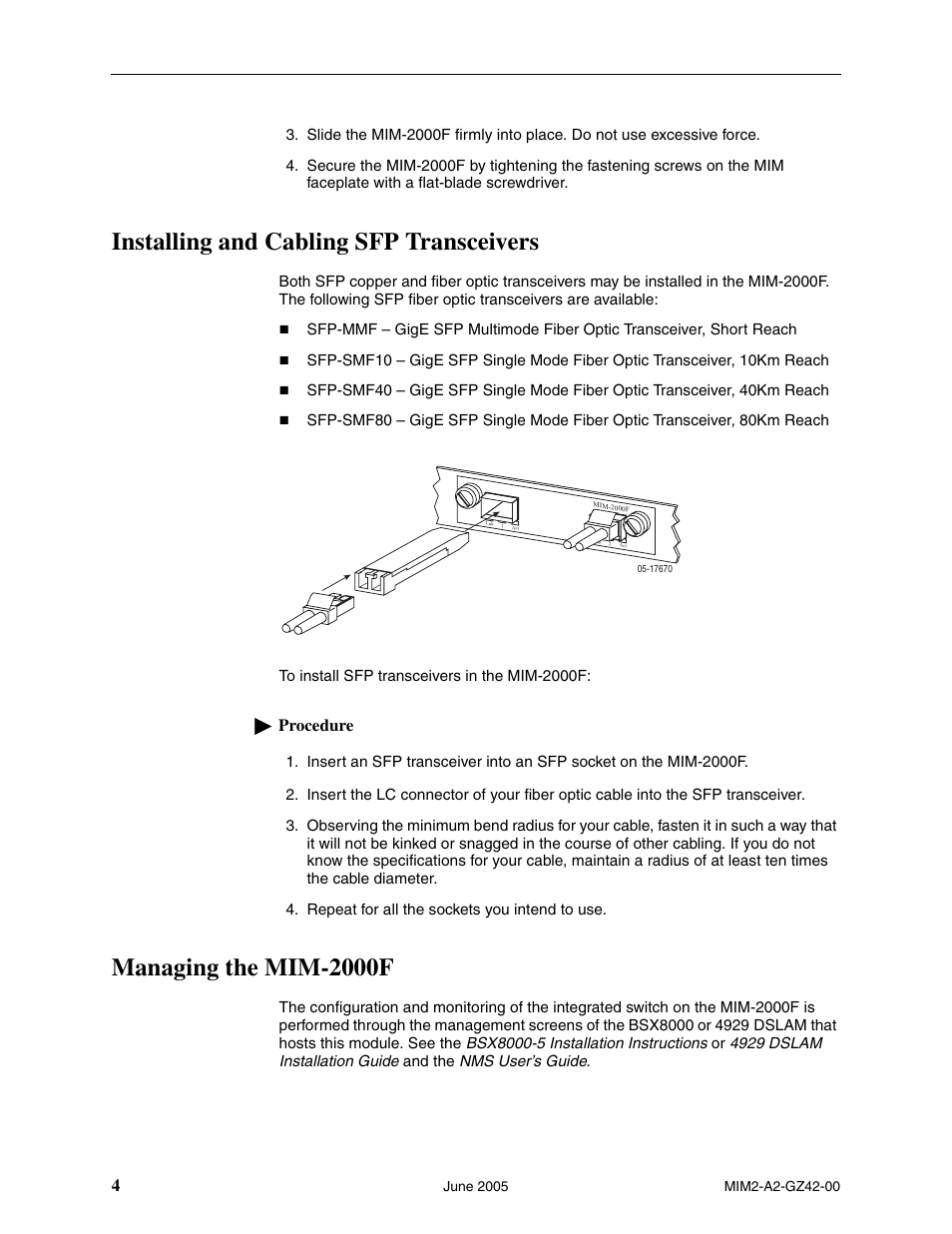 Installing and cabling sfp transceivers, Managing the mim-2000f, Procedure | Paradyne Micro Interface Module MIM-2000F User Manual | Page 4 / 6