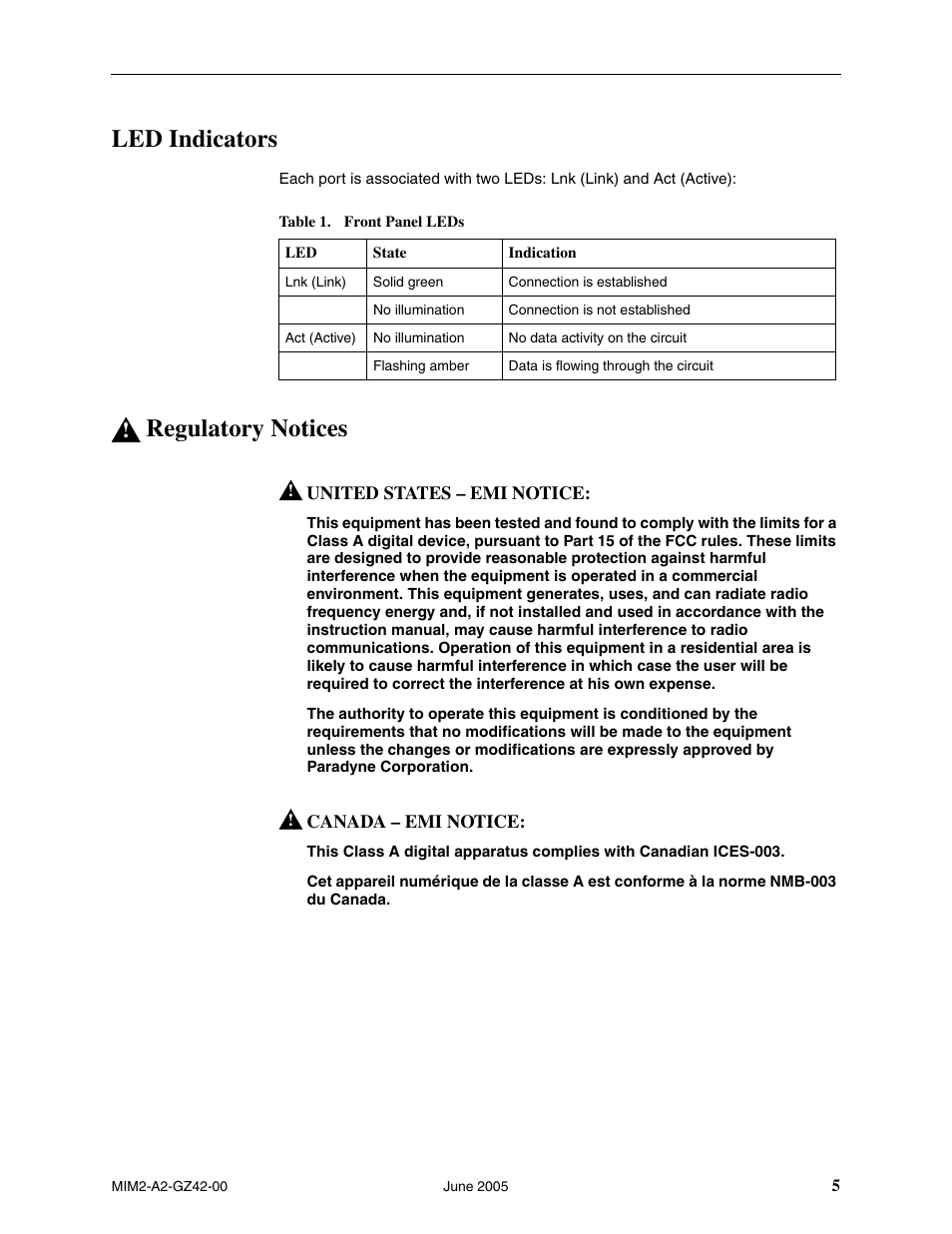 Led indicators, Regulatory notices | Paradyne Micro Interface Module MIM-2000F User Manual | Page 5 / 6