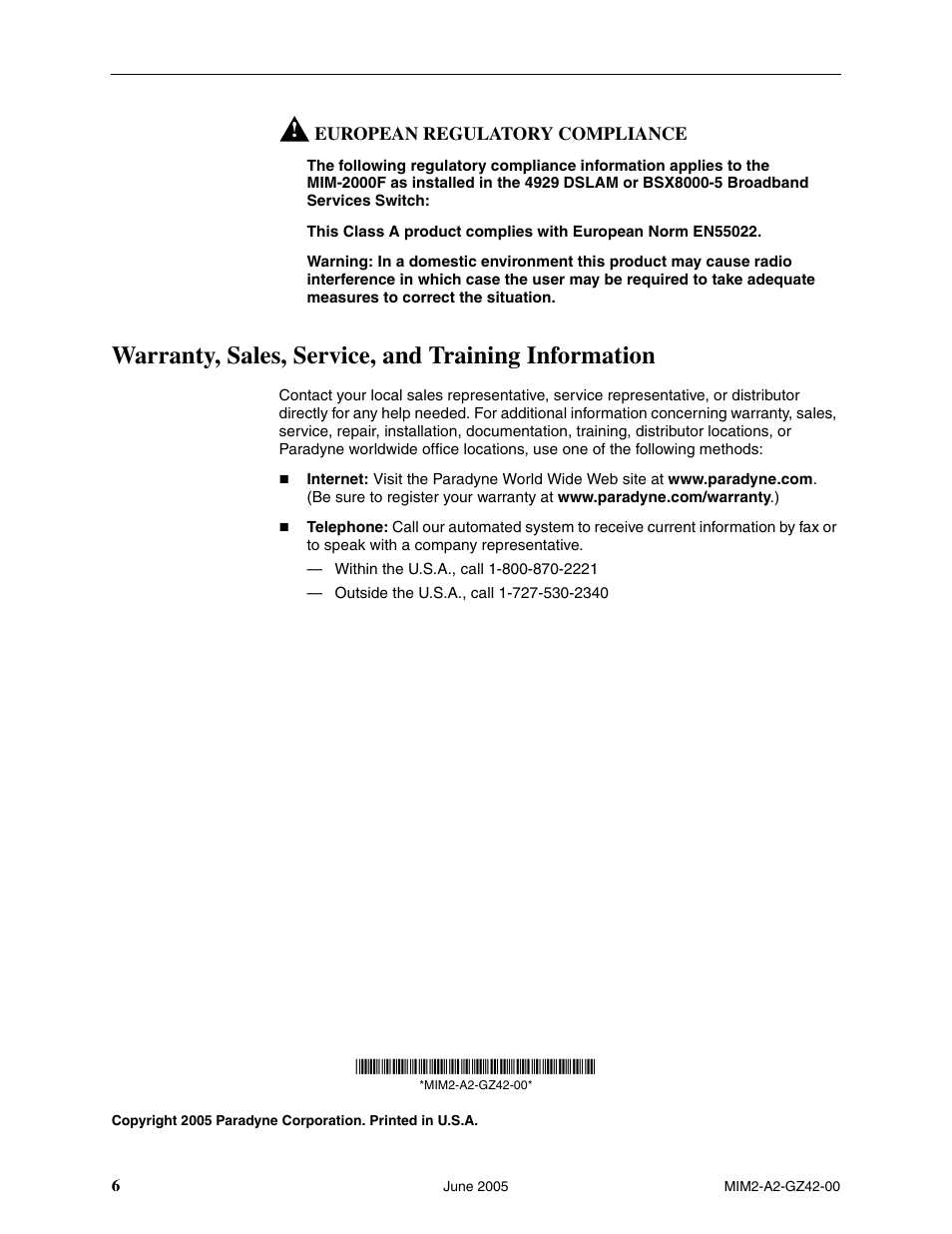 Warranty, sales, service, and training information | Paradyne Micro Interface Module MIM-2000F User Manual | Page 6 / 6