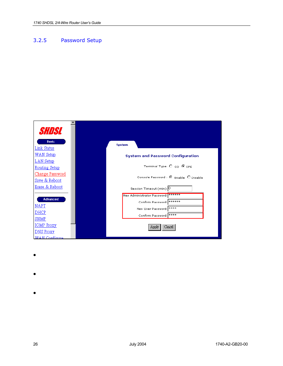 Password setup | Paradyne 1740 SHDSL User Manual | Page 26 / 74