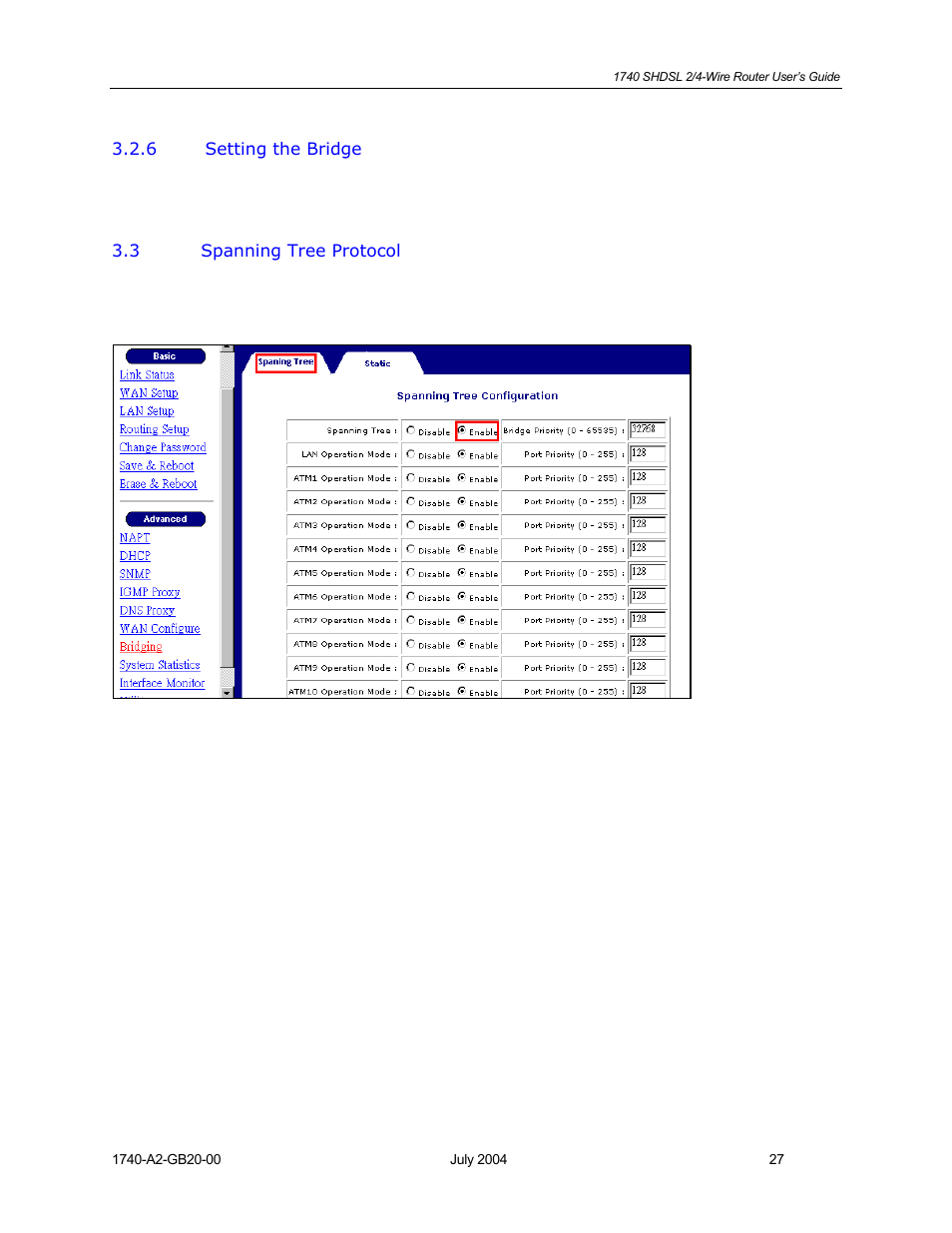 Setting the bridge, Spanning tree protocol | Paradyne 1740 SHDSL User Manual | Page 27 / 74