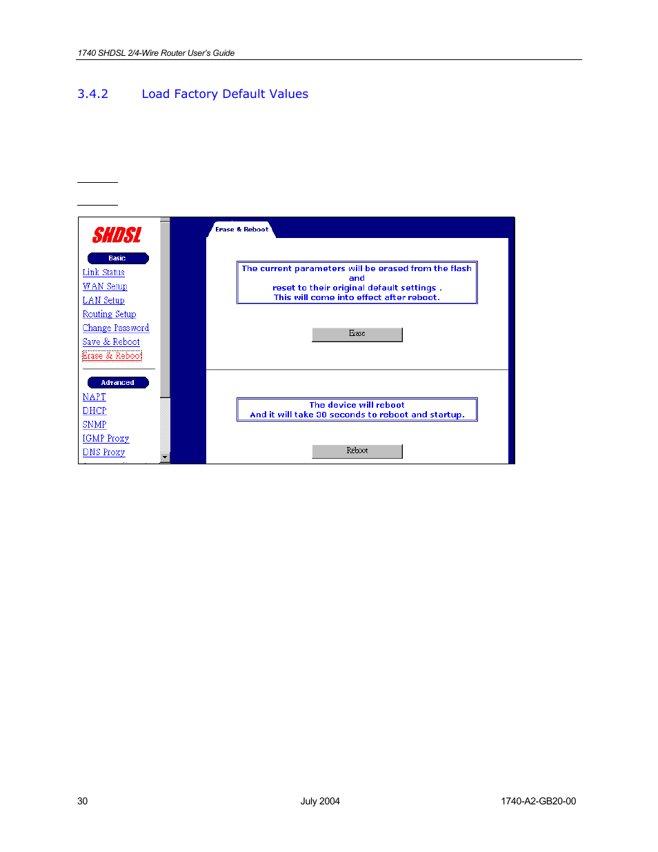 Load factory default values | Paradyne 1740 SHDSL User Manual | Page 30 / 74