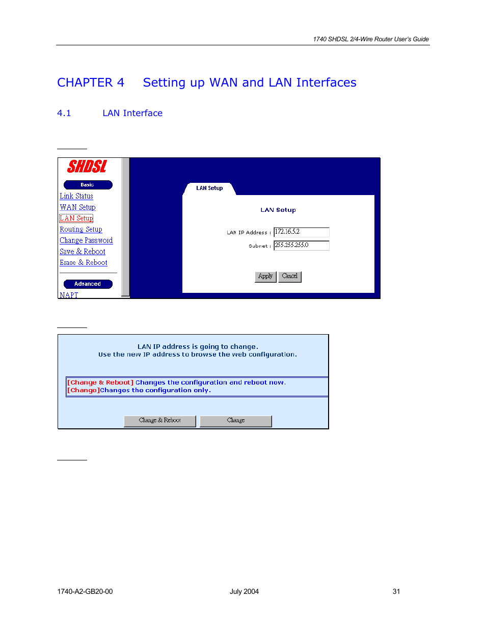 Setting up wan and lan interfaces, Lan interface, Chapter 4 | Chapter 4 setting up wan and lan interfaces | Paradyne 1740 SHDSL User Manual | Page 31 / 74