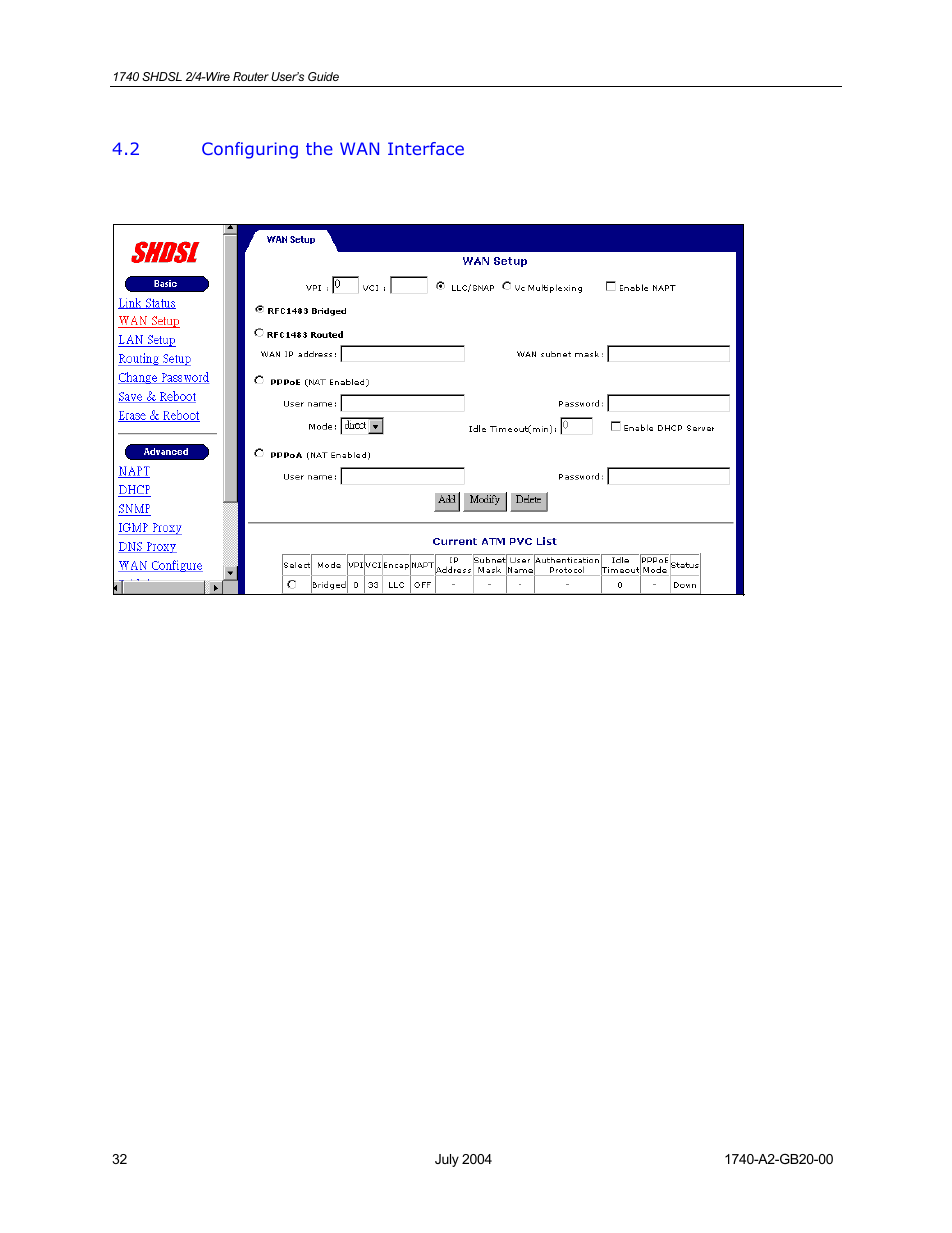 Configuring the wan interface | Paradyne 1740 SHDSL User Manual | Page 32 / 74