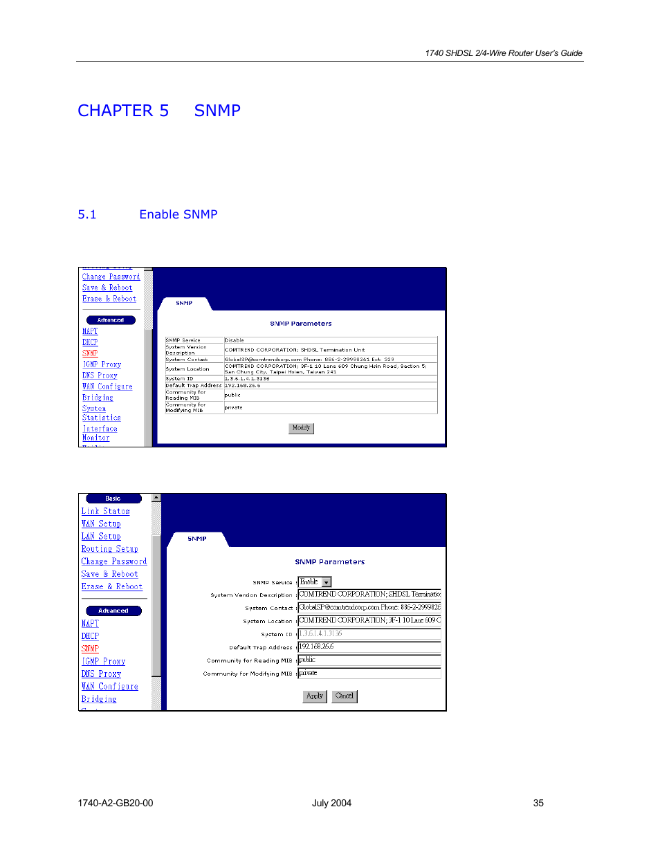 Snmp, Enable snmp, Chapter 5 | Chapter 5 snmp | Paradyne 1740 SHDSL User Manual | Page 35 / 74