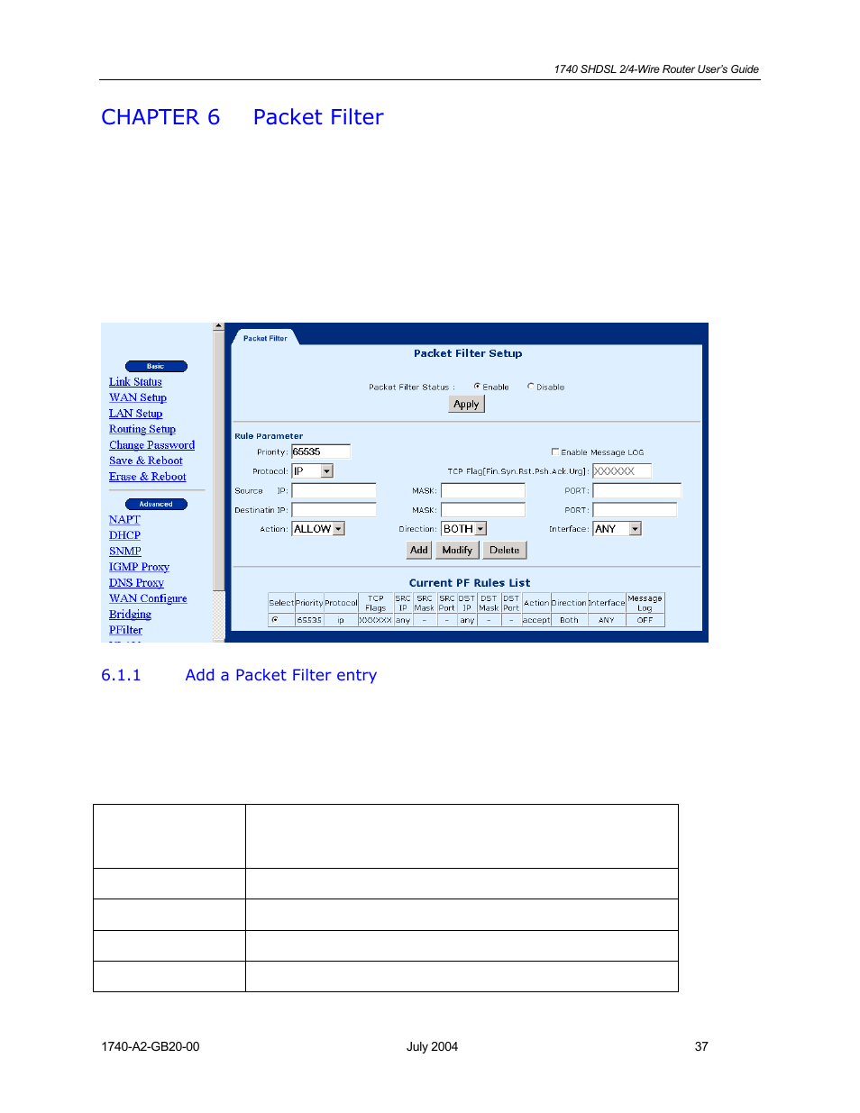 Packet filter, Add a packet filter entry, Chapter 6 | Chapter 6 packet filter | Paradyne 1740 SHDSL User Manual | Page 37 / 74