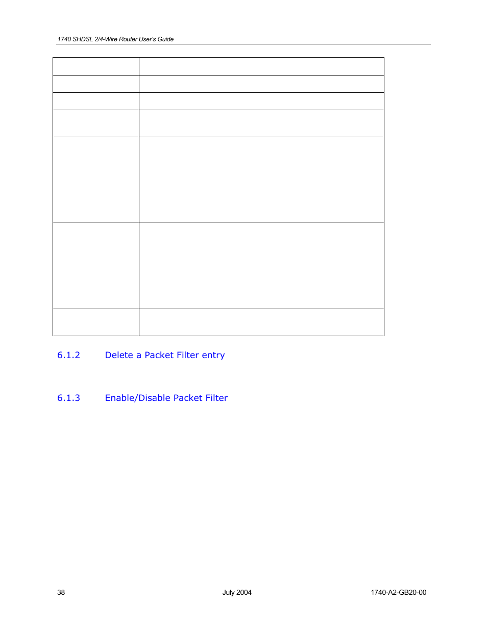 Delete a packet filter entry, Enable/disable packet filter | Paradyne 1740 SHDSL User Manual | Page 38 / 74