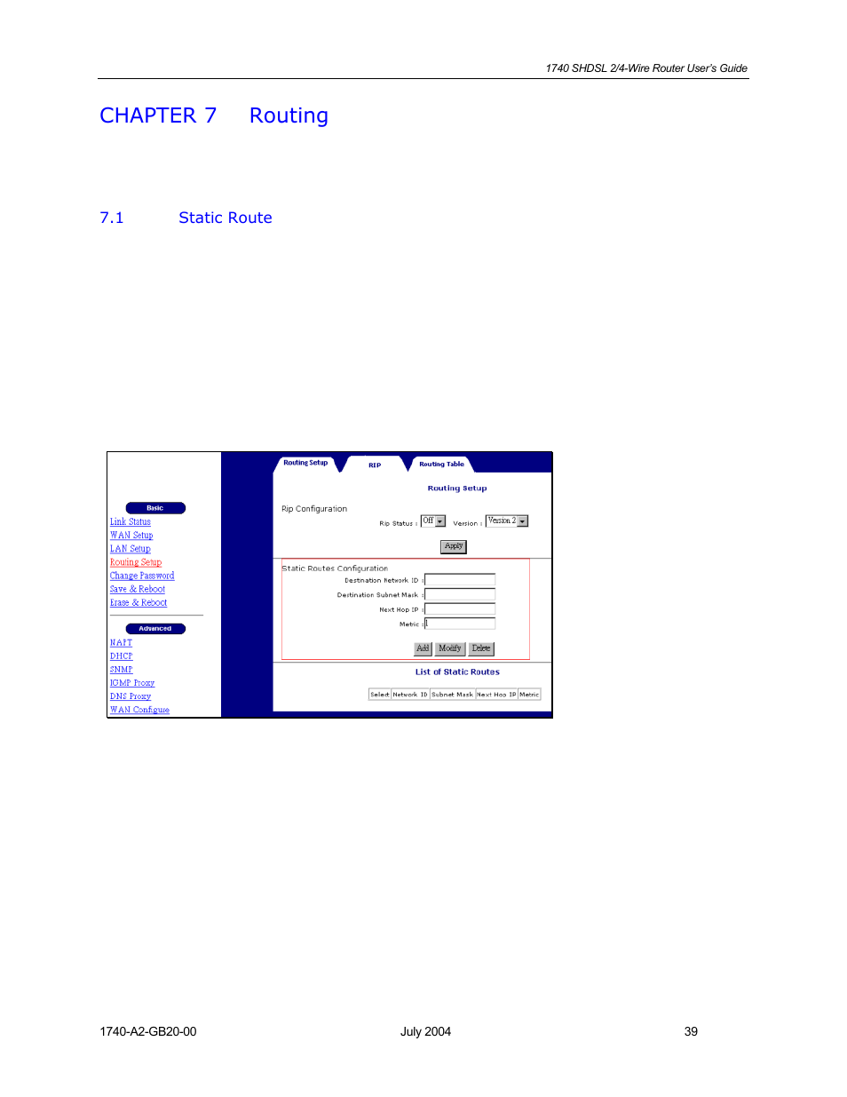 Routing, Static route, Chapter 7 | Chapter 7 routing | Paradyne 1740 SHDSL User Manual | Page 39 / 74