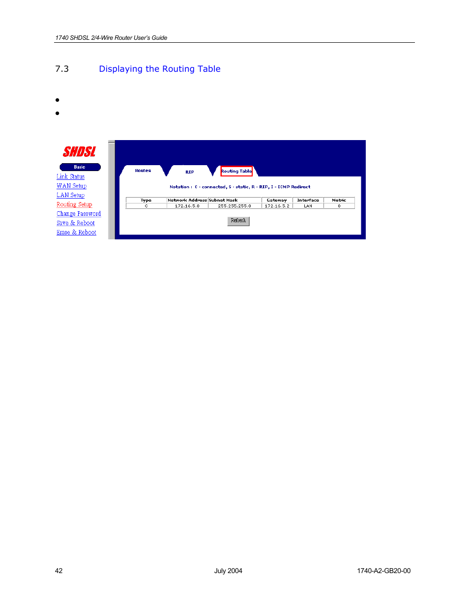 Displaying the routing table | Paradyne 1740 SHDSL User Manual | Page 42 / 74