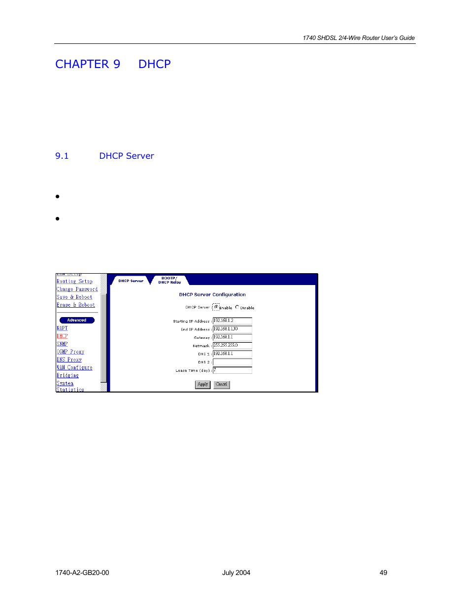 Dhcp, Dhcp server, Chapter 9 | Chapter 9 dhcp | Paradyne 1740 SHDSL User Manual | Page 49 / 74